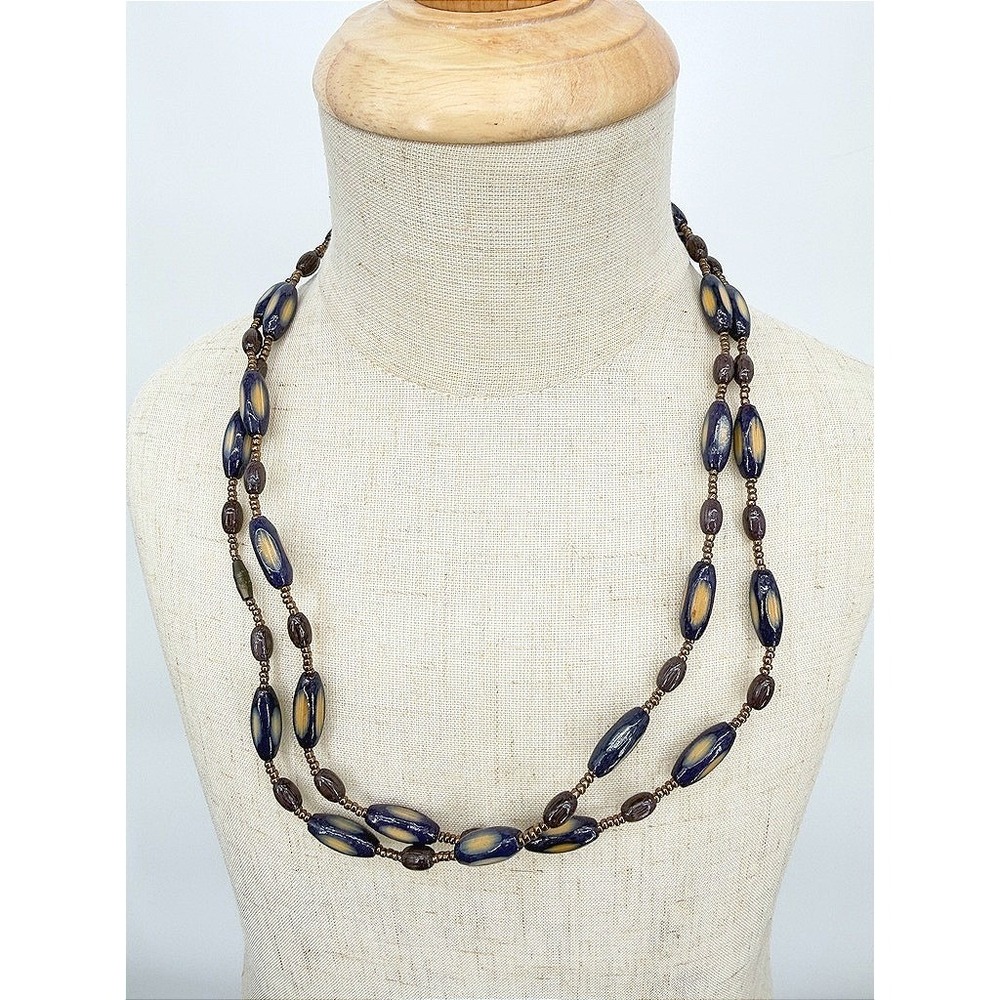 Oblong Beaded Oval Necklace Blue Brown Boho Chic 40" Art Deco